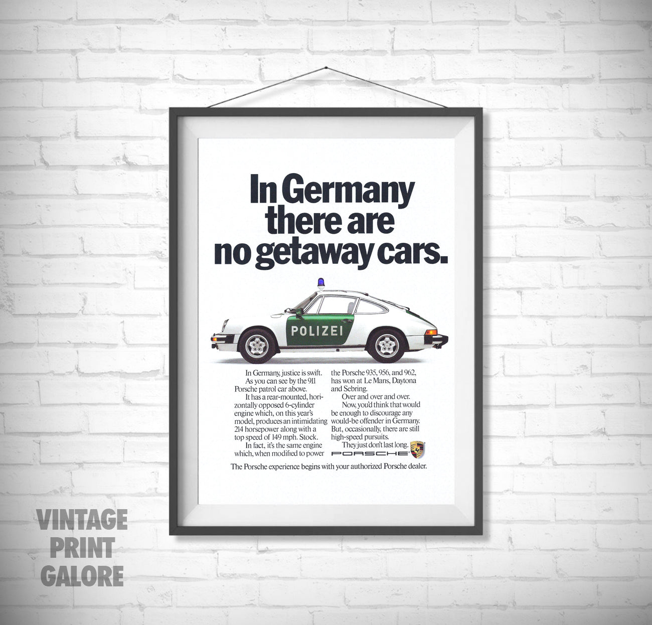 Vintage Style Porsche 911 Classic Police Car Advertisment Poster Print.