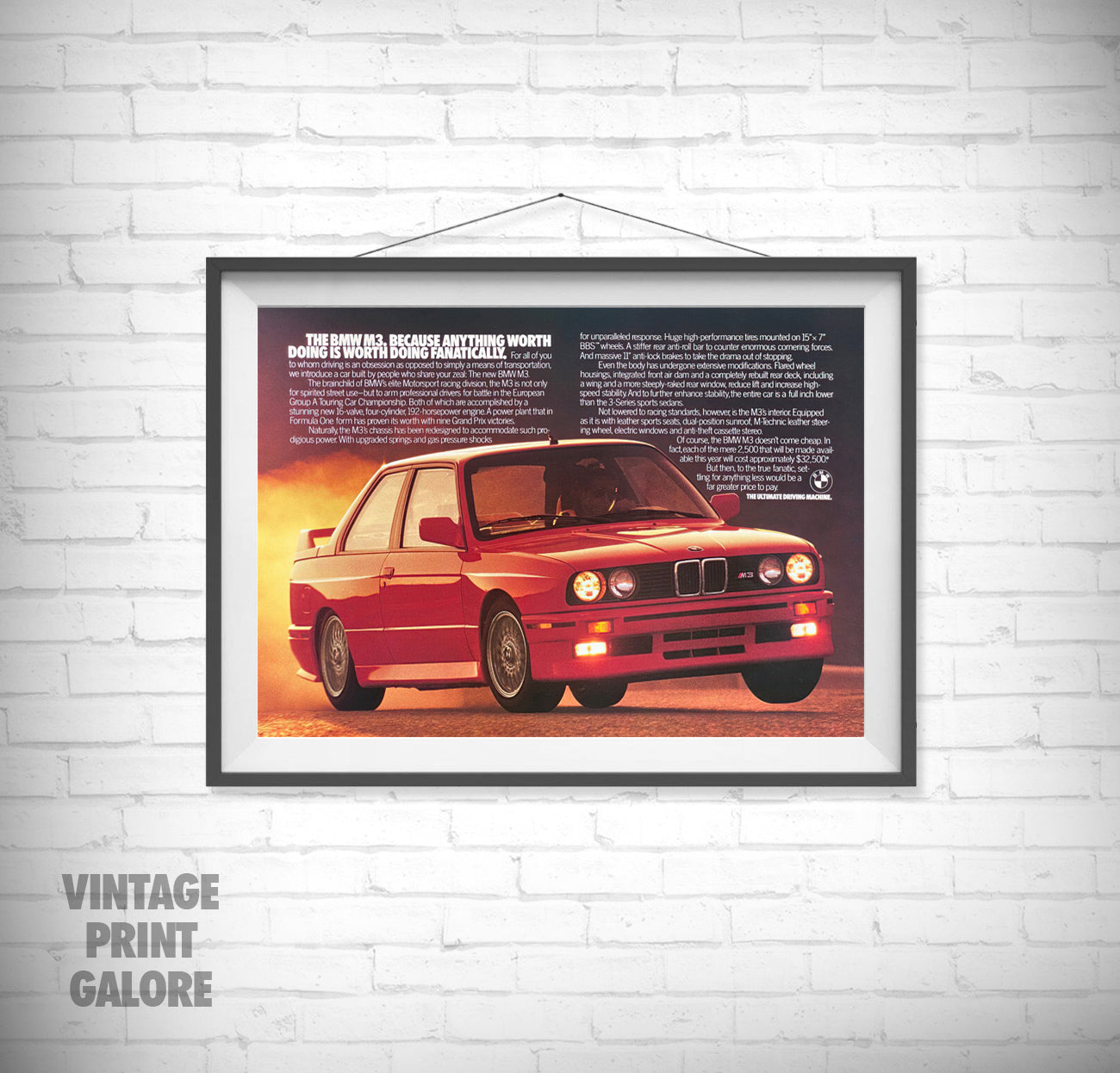 Vintage Style BMW M3 Sport 1980's Advertisment Poster Print.
