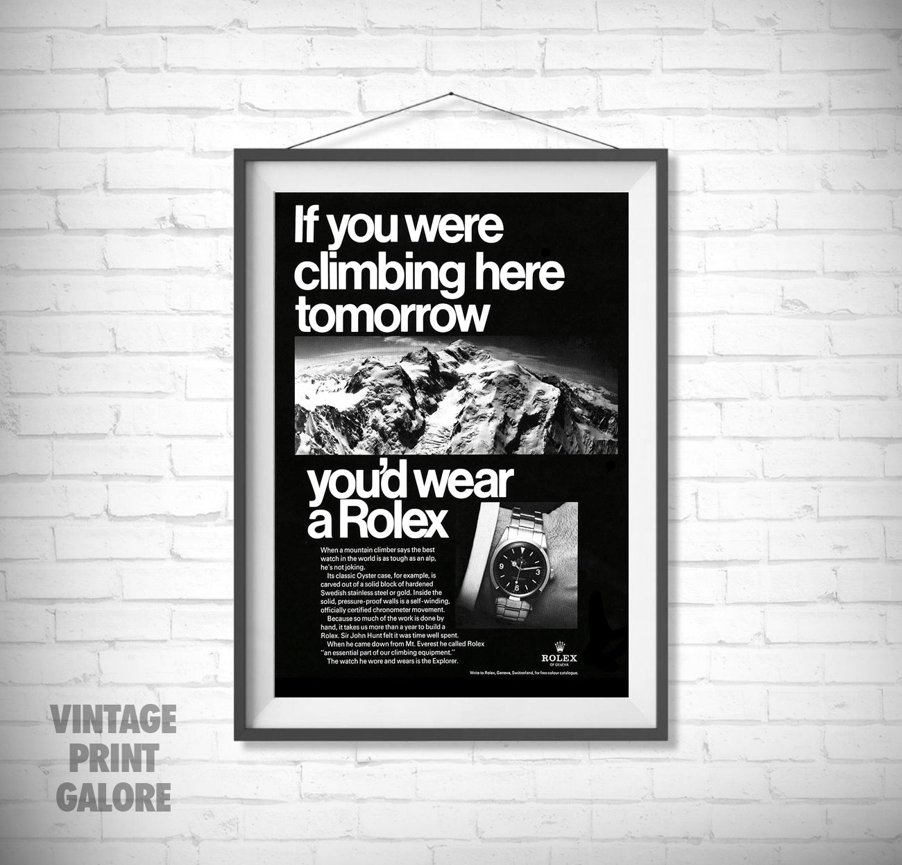 Vintage Style Rolex Mountain Climbing Luxury Watch Advertisment Print.