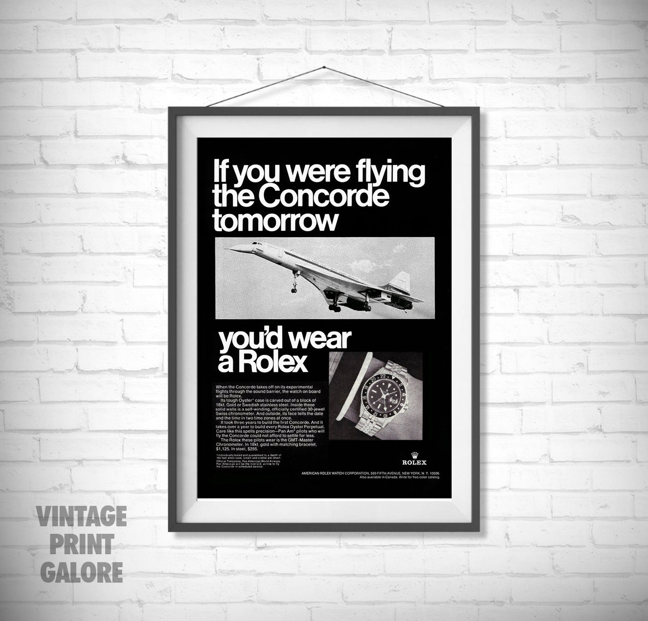 Vintage Style Rolex Concorde Flying Pilot GMT Luxury Watch Advertisment Print.