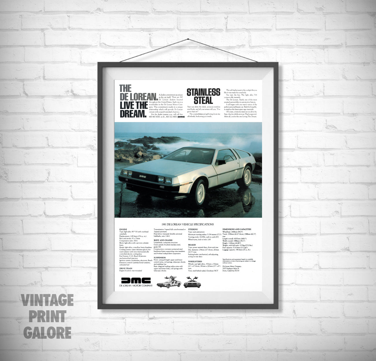 Vintage Style Delorean Classic Car Advertisment Poster Print.