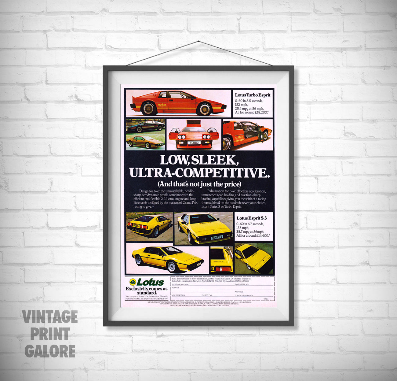 Vintage Style Lotus Esprit Turbo II 1980's Advertisment Poster Print.