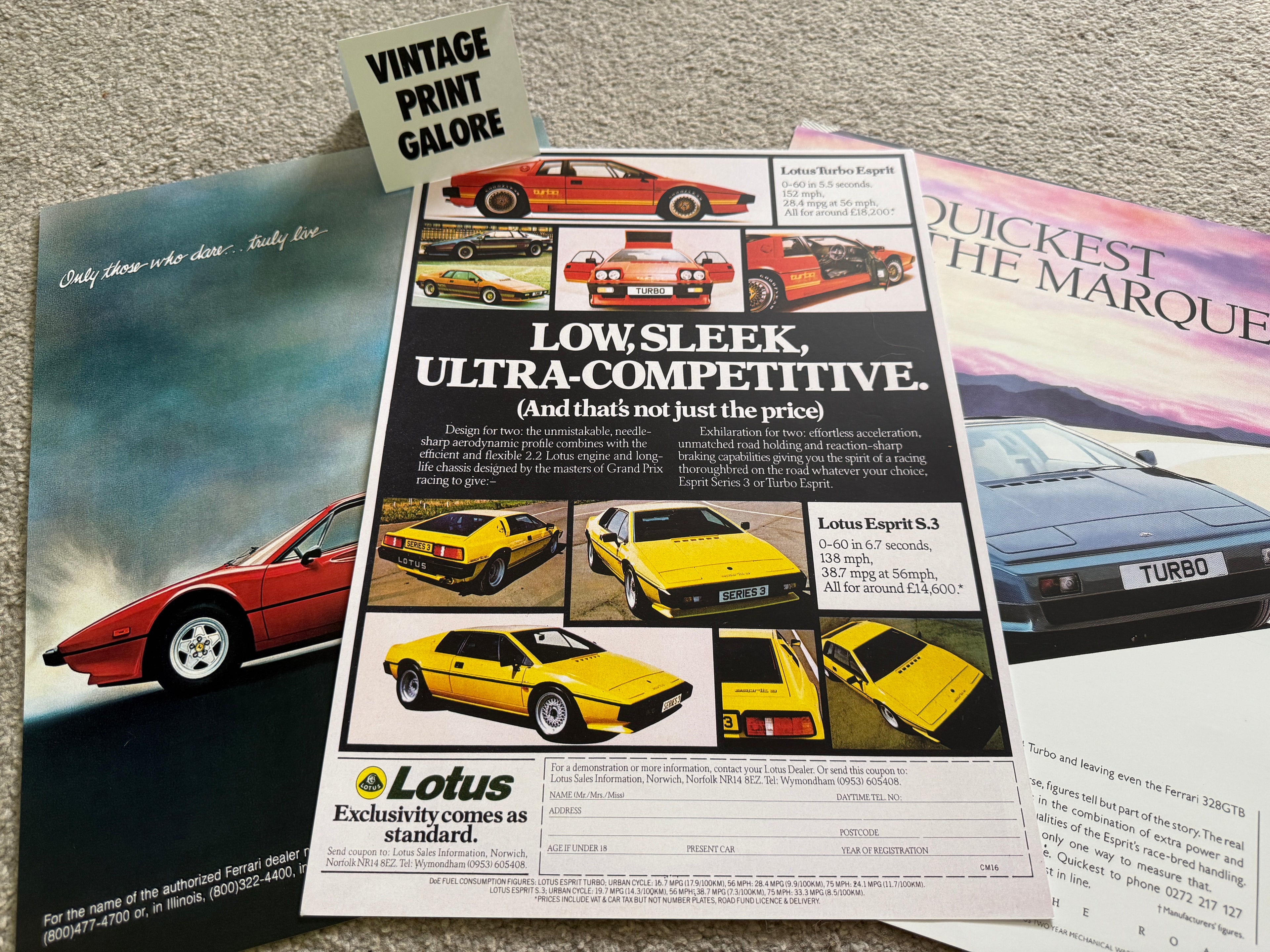 Vintage Style Lotus Esprit Turbo II 1980's Advertisment Poster Print.