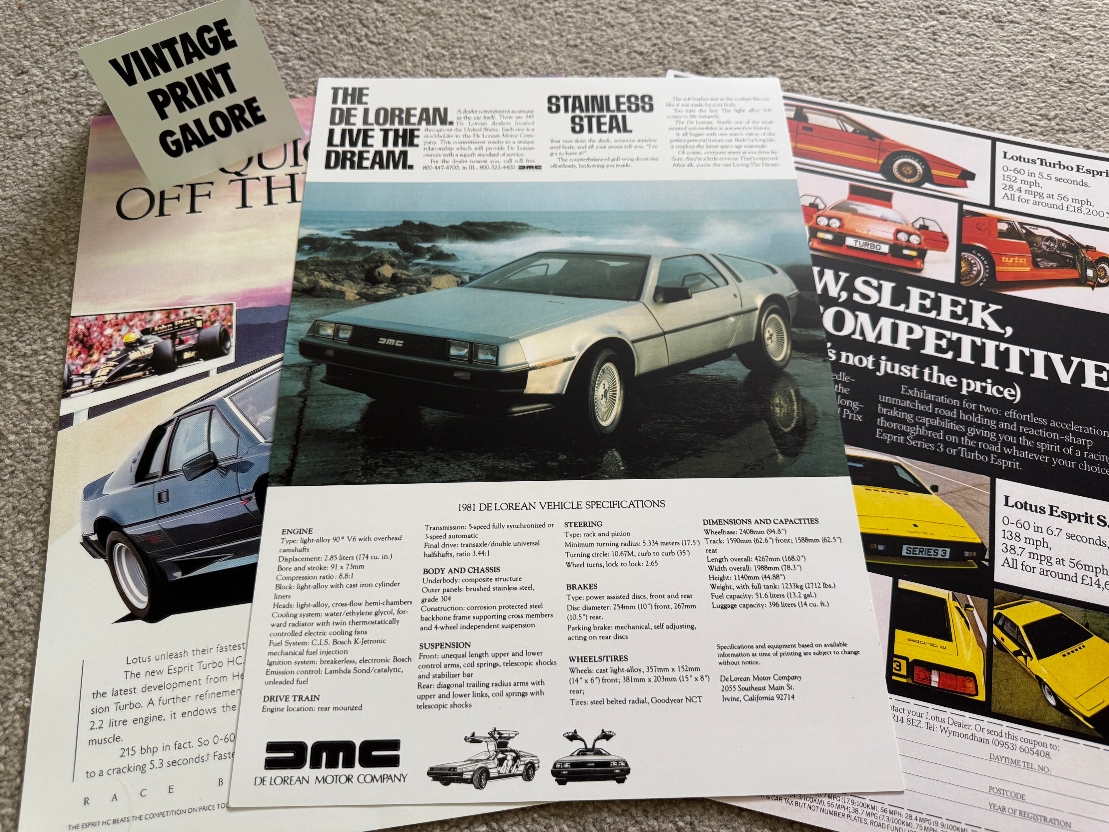 Vintage Style Delorean Classic Car Advertisment Poster Print.