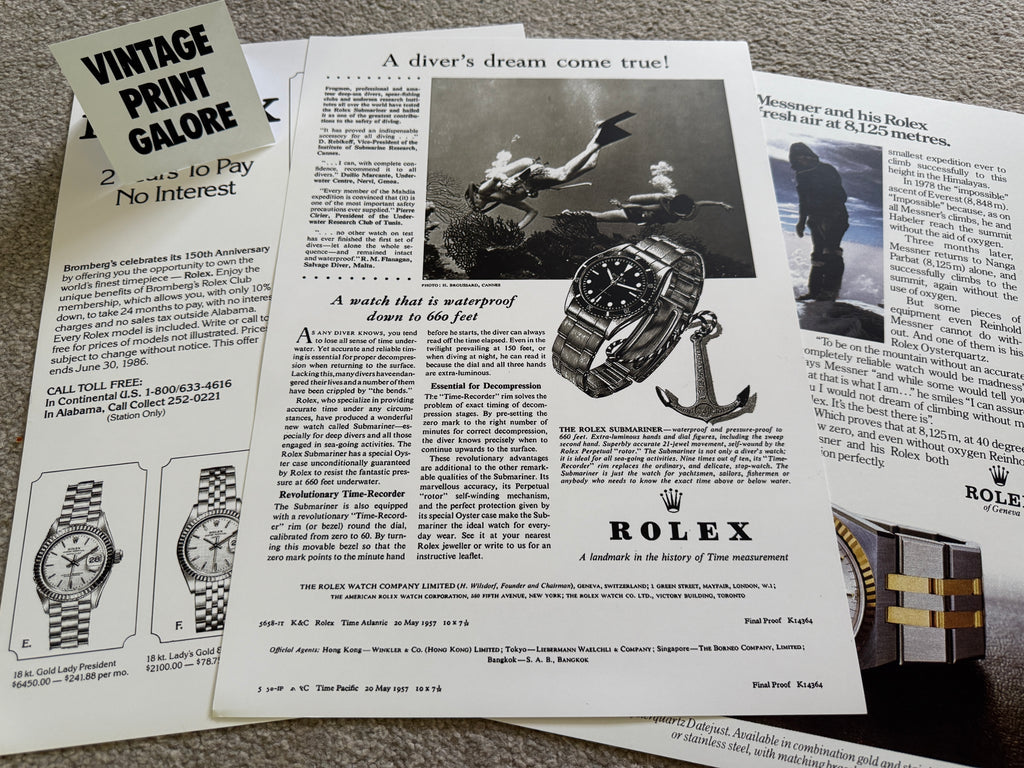 Vintage Style Rolex Submariner Classic Diving Luxury Watch Advertisment Print.
