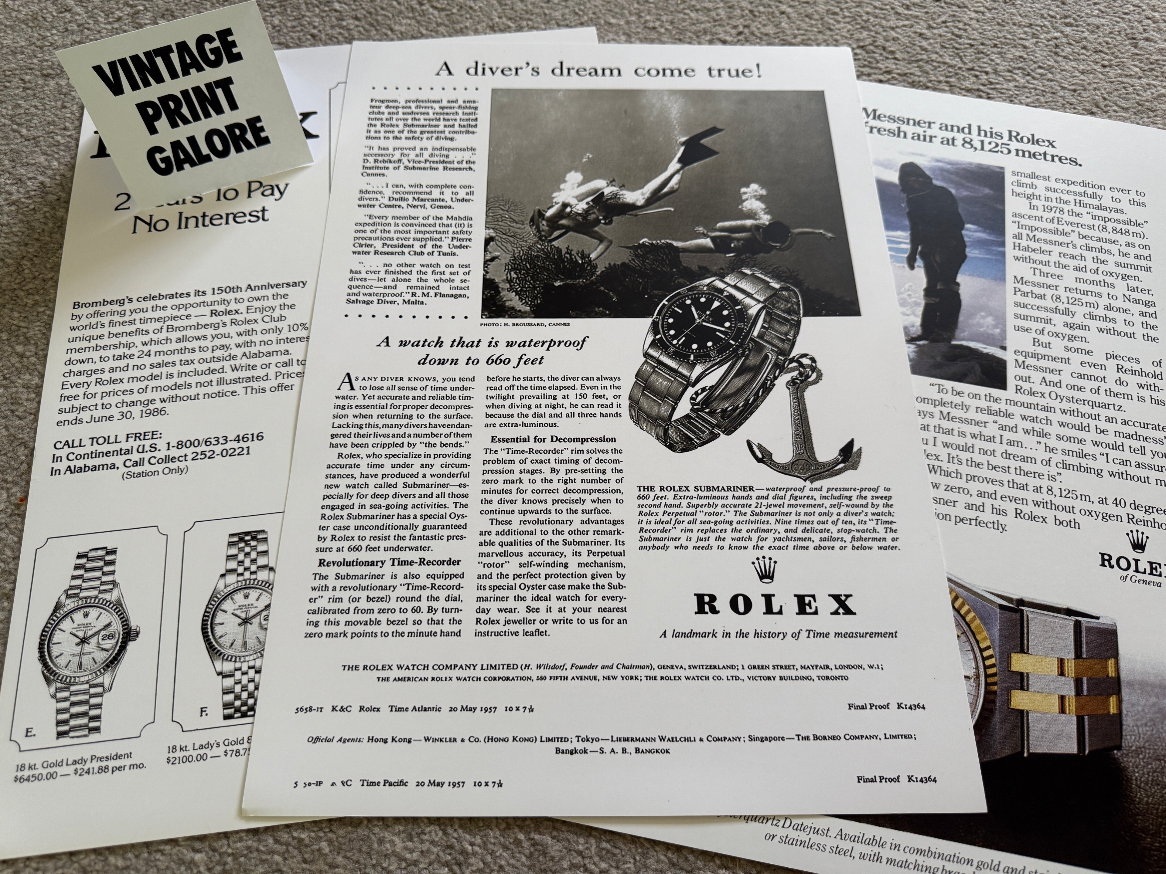 Vintage Style Rolex Submariner Classic Diving Luxury Watch Advertisment Print.