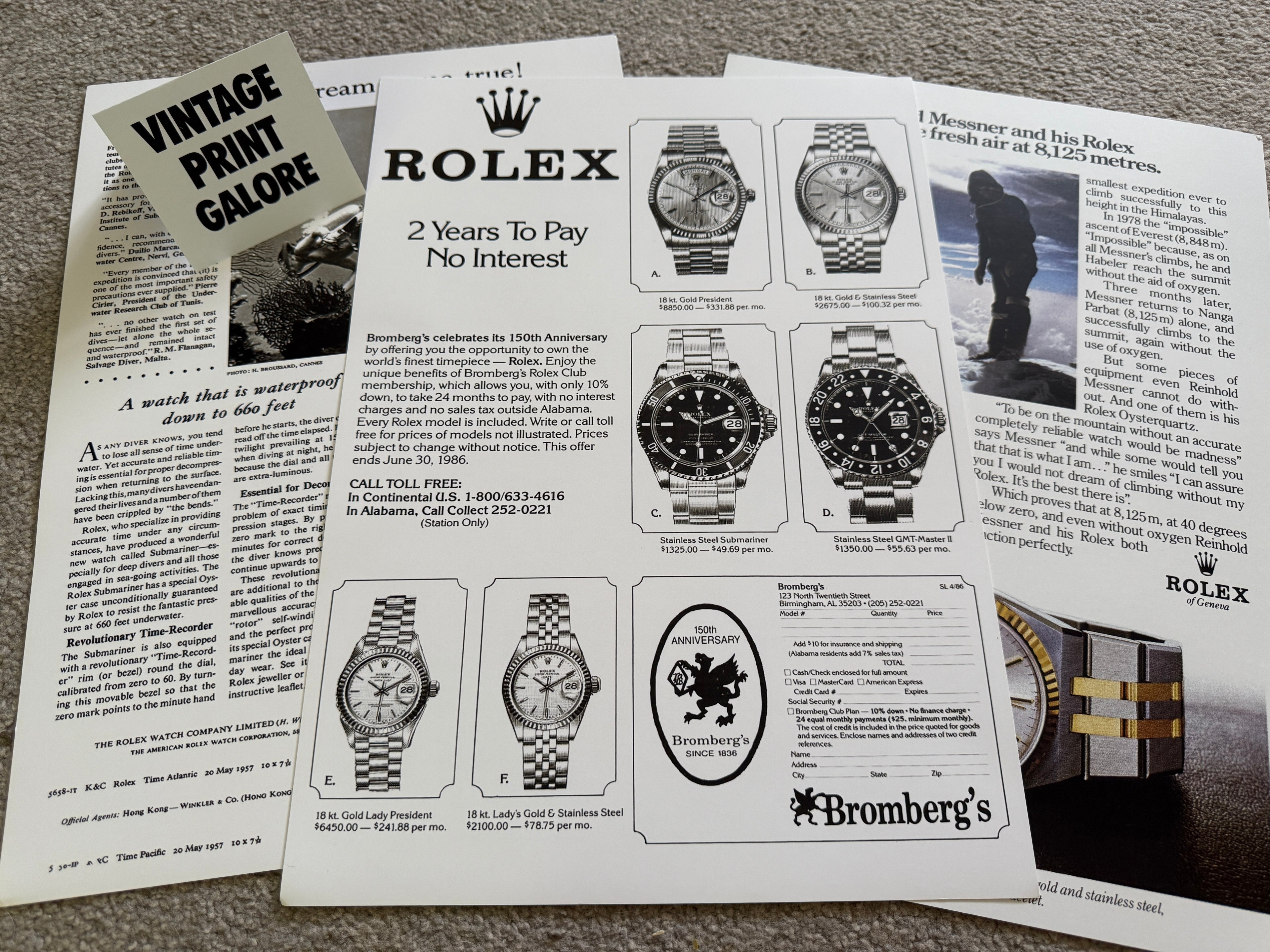 Vintage Style Rolex Brombergs Catalogue Luxury Watch Advertisment Print.