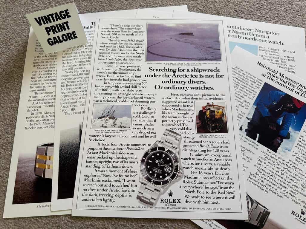 Vintage Style Rolex Submariner 1985 Diving Luxury Watch Advertisment Print.