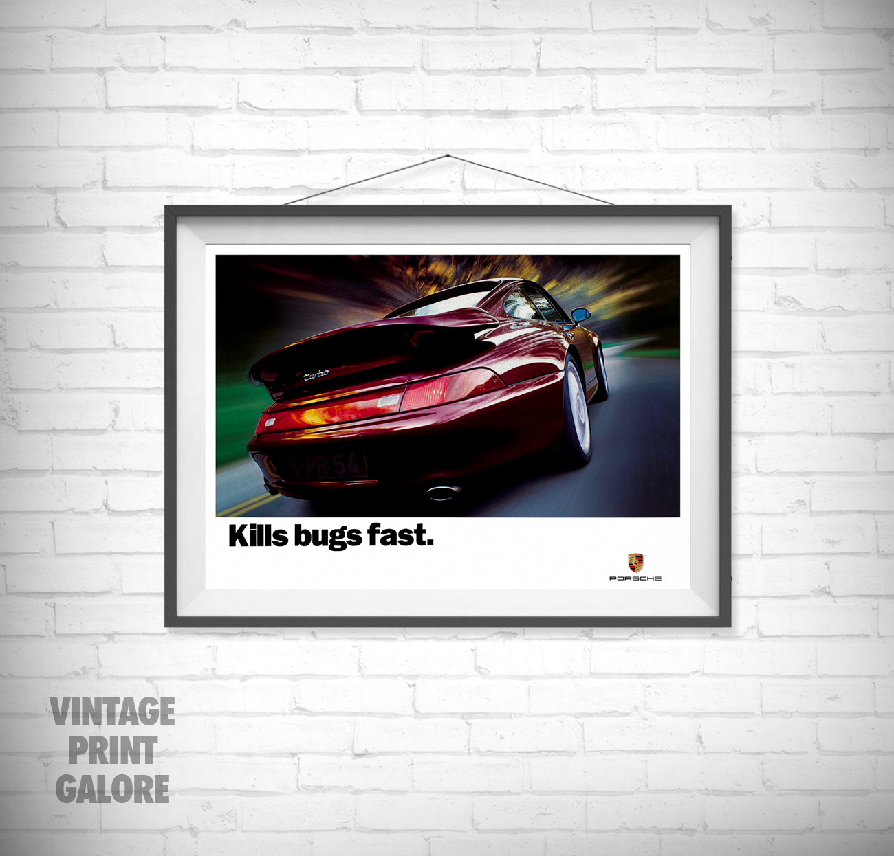 Vintage Style Porsche 911 Classic Car Kills Bugs Advertisment Poster Print.