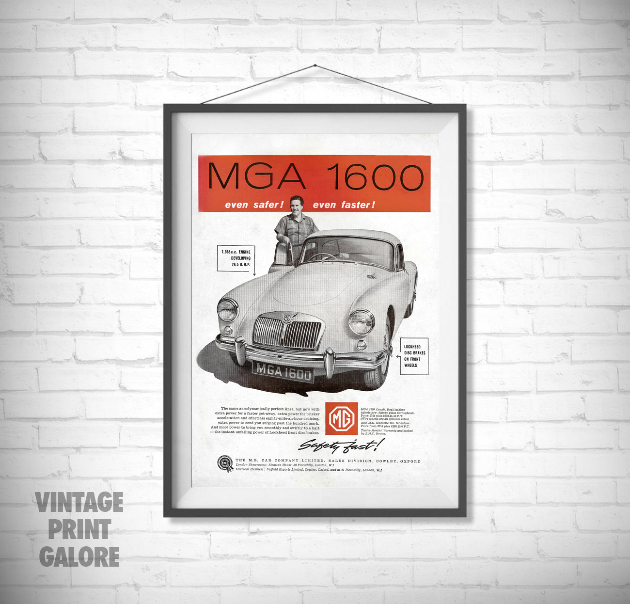 Vintage Style MG MGA 1600 Roadster 1950's MGB Advertisment Poster Print.