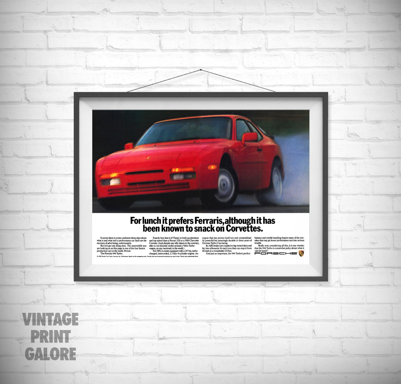 Vintage Style Porsche 944 Turbo Classic 80's Car Advertisment Poster Print.