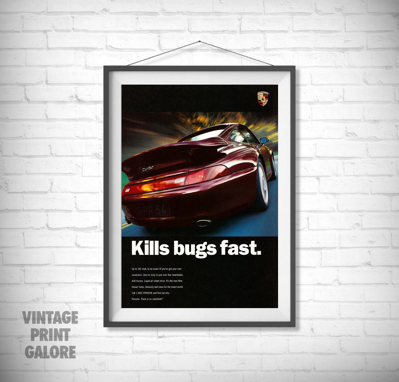 Vintage Style Porsche 911 Classic Car Kills Bugs Fast Advertisment Poster Print.