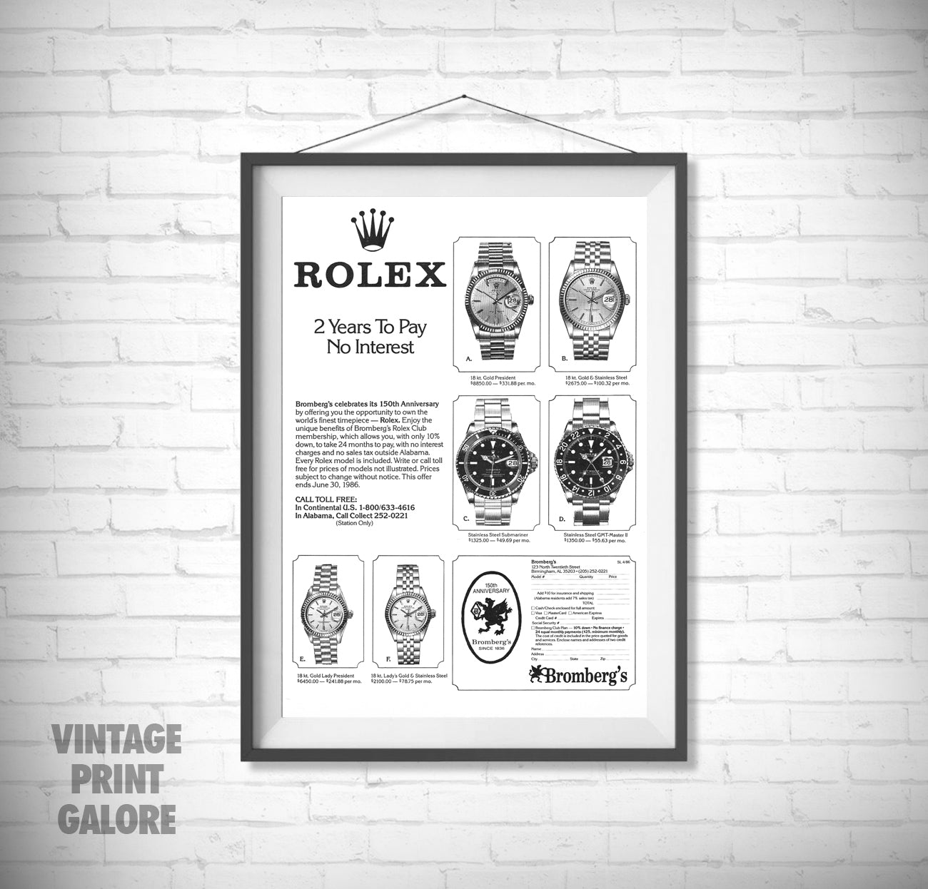 Vintage Style Rolex Brombergs Catalogue Luxury Watch Advertisment Print.