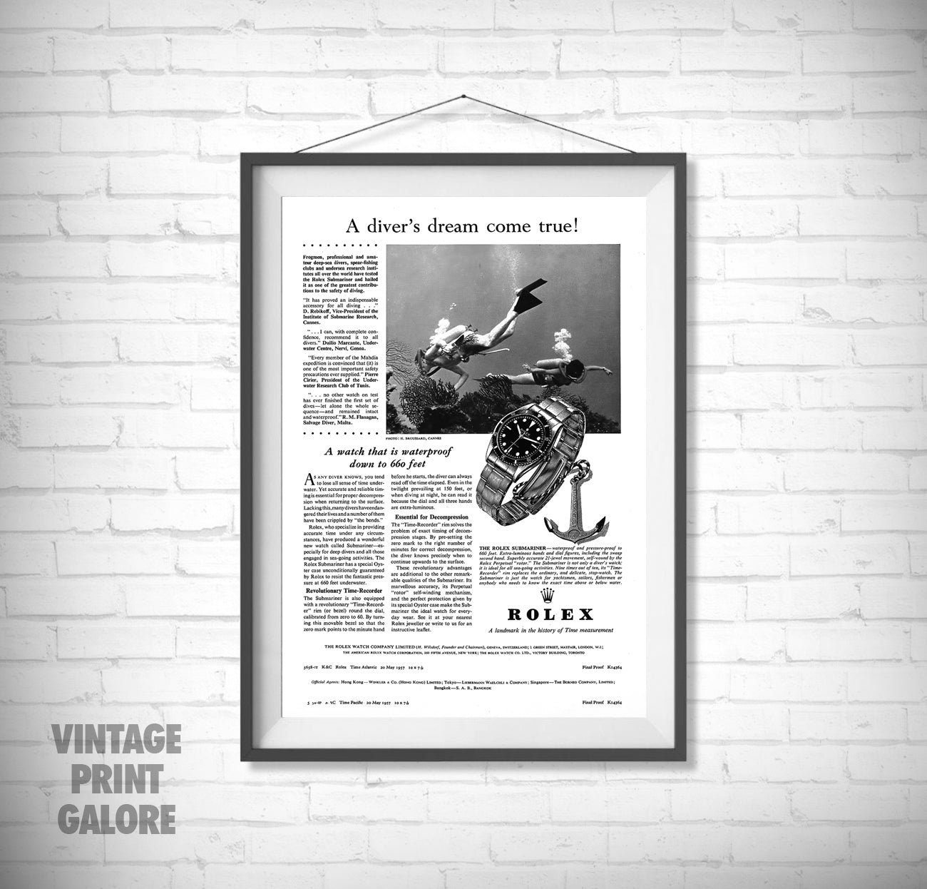 Vintage Style Rolex Submariner Classic Diving Luxury Watch Advertisment Print.