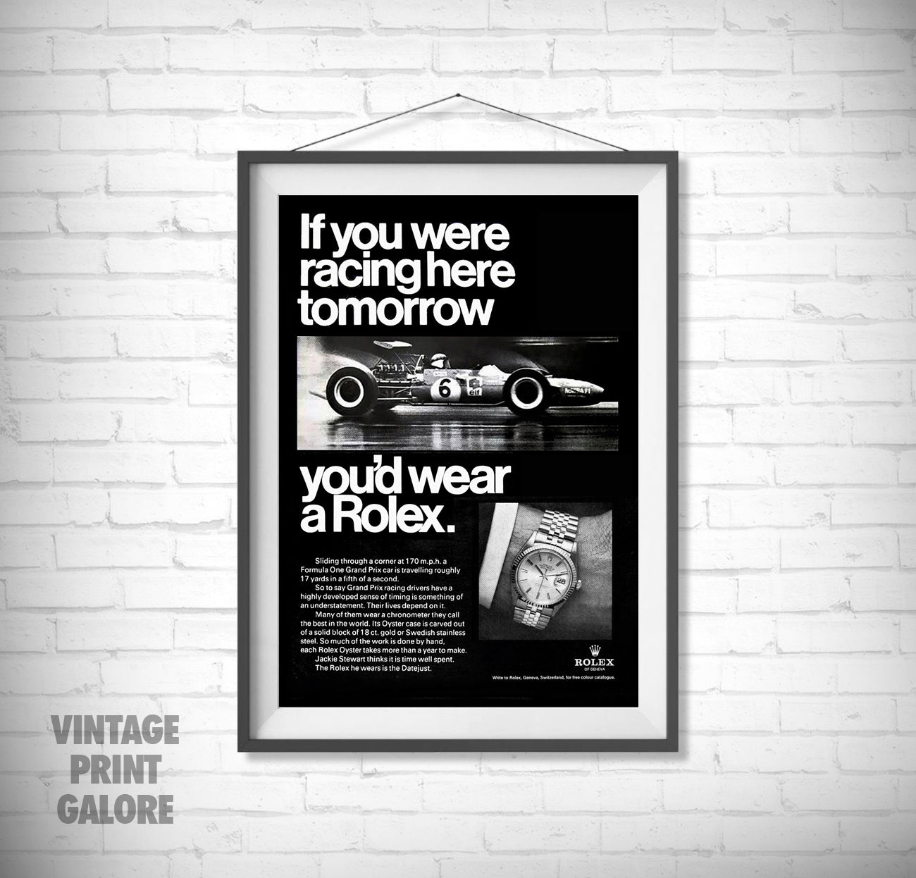 Vintage Style Rolex Racing Car F1 GMT Luxury Watch Advertisment Print.