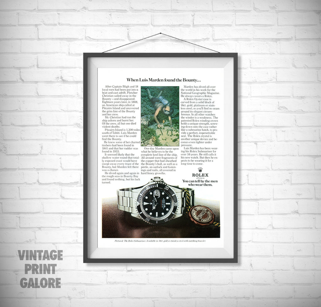 Vintage Style Rolex Submariner Diver Luxury Watch Advertisment Print.