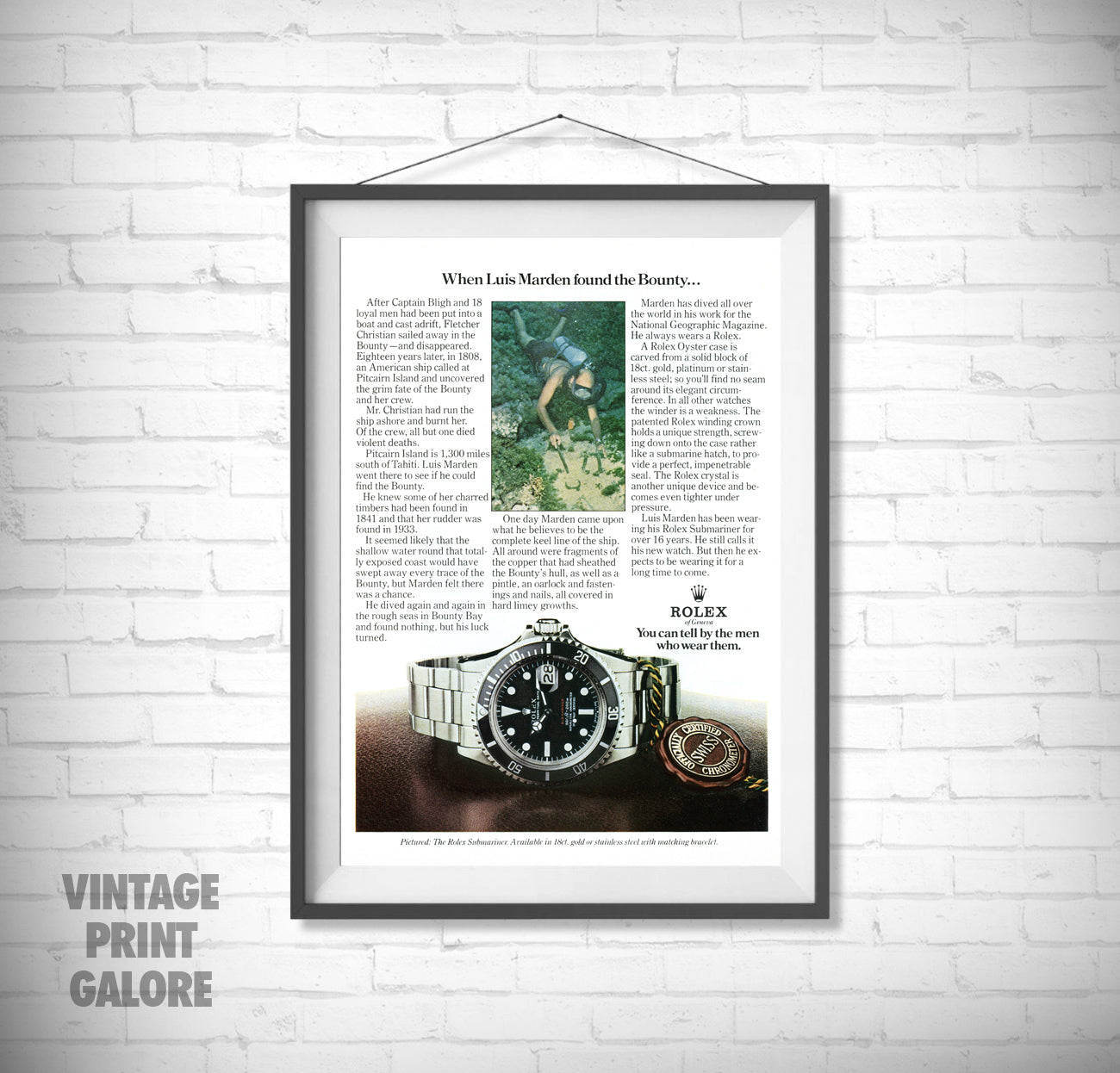 Vintage Style Rolex Submariner Diver Luxury Watch Advertisment Print.