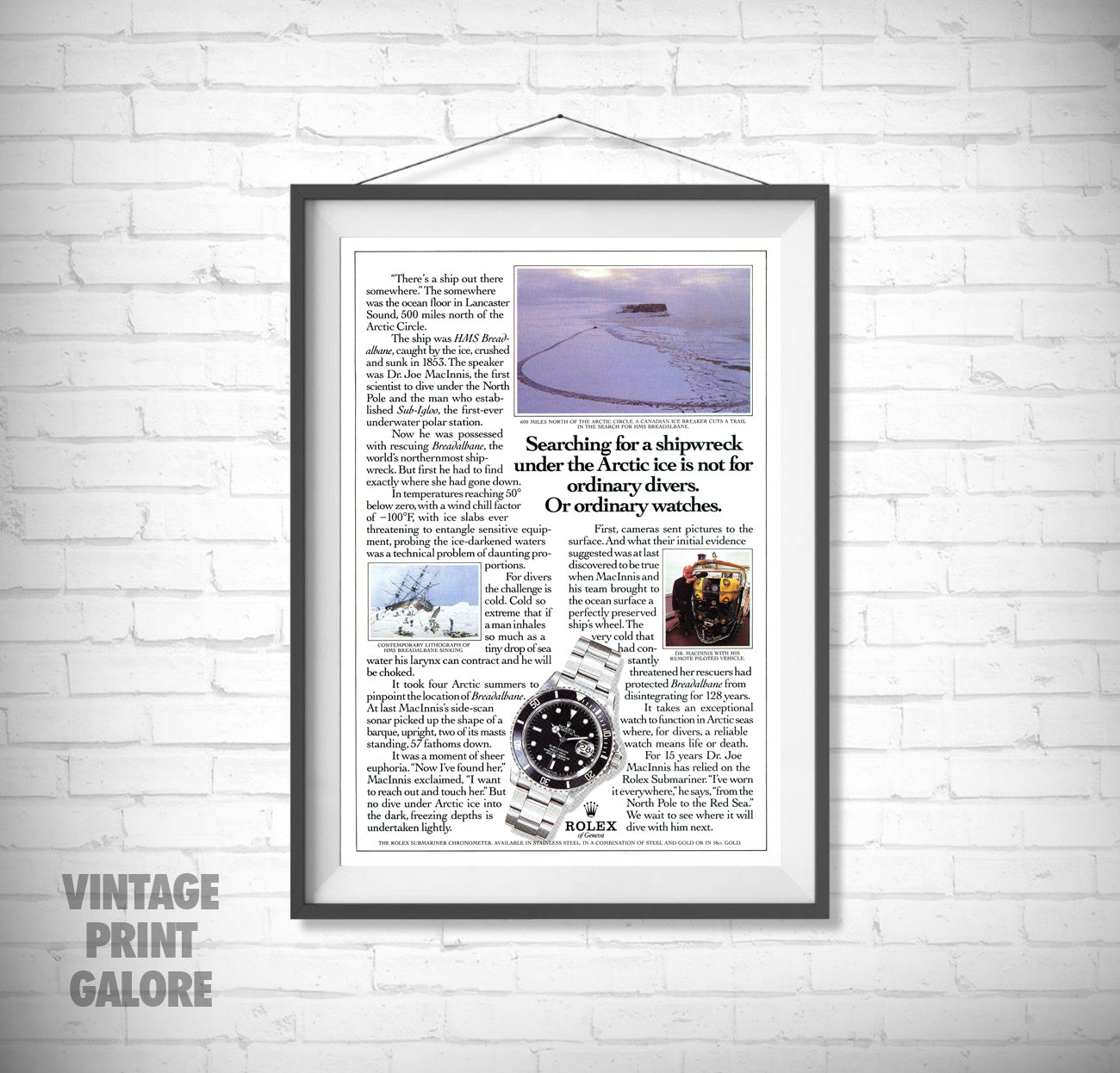 Vintage Style Rolex Submariner 1985 Diving Luxury Watch Advertisment Print.